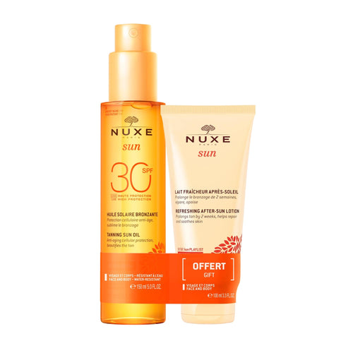 Duo Huile Solaire Bronzante Haute Protection SPF30 et Lait Fraicheur Après-Soleil 100ml offert