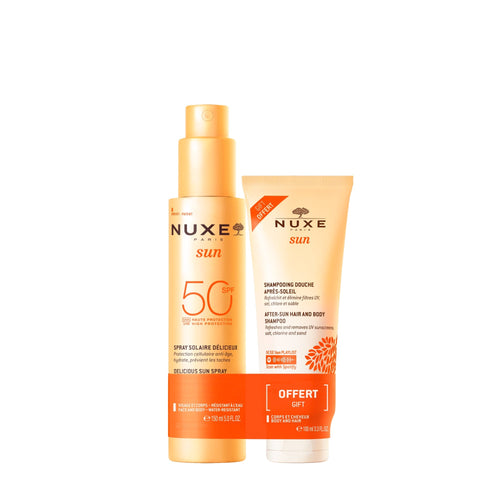 Duo Spray Solaire Délicieux Haute Protection SPF50 Visage et Corps et Shampooing Douche Après-Soleil 100ml Offert
